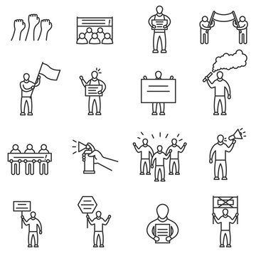 Protesting people icons set. Man with signs and banners. Demonstration, protest and meeting. Line with editable stroke