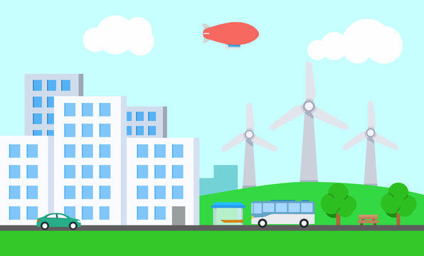 City with wind turbine. A modern environmentally friendly city. Vector illustration