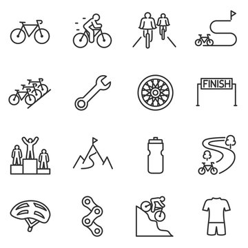 Bicycle riding icon set. cycling linear design. Bike and attributes. Line with editable stroke