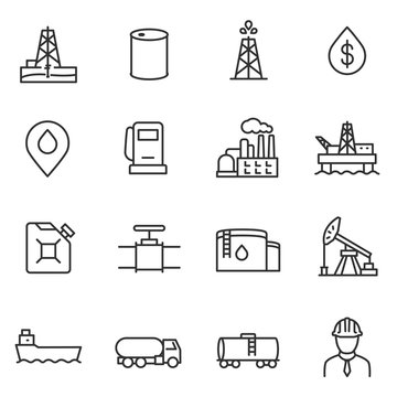 Oil and petroleum industry linear icons set. Line with editable stroke