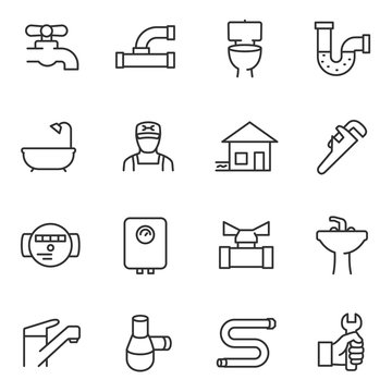 Plumbing Icon Set. Sewerage Icons Collection. Line With Editable Stroke