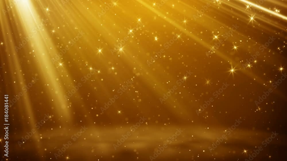 Poster gold particles and stars flying in light beams. computer generated loopable abstract motion backgrou