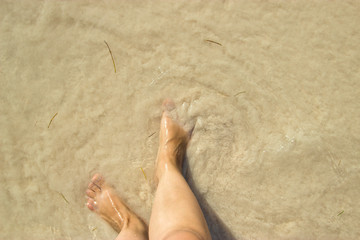 The legs of a woman on sand and waves.