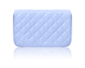 Pale cyan blue grid handbag clutch with reflection isolated on white background