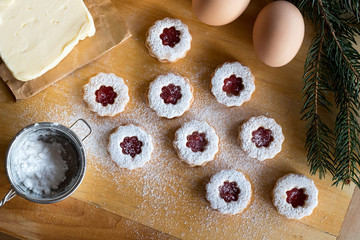 Preparation of traditional Linzer Christmas cookies, top view