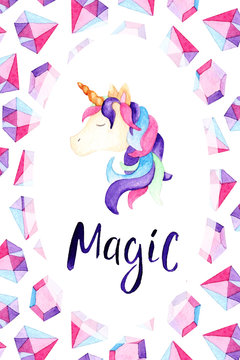 Watercolor unicorn card. Unicorns are magic. For design, print or background