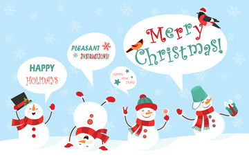Winter snowman set. Funny snowmen in different suits with congratulations. Vector illustration