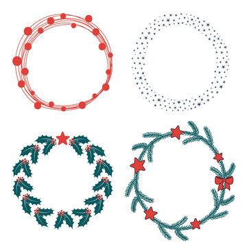 Collection of different hand drawn Christmas wreathes and round frames, with holly, stars, fir tree branches. Isolated objects on white background. Vector illustration. Design concept winter holidays.
