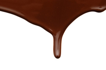 Close up of chocolate syrup leaking on white background