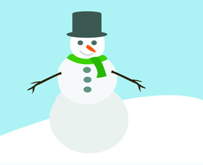 cute snowman with hat green scarf and hands from branch and carrot nose standing on snow hill cartoon simple vector
