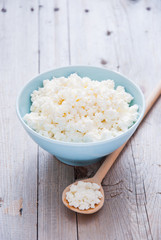 Organic Farming Cottage cheese in a blue bowl