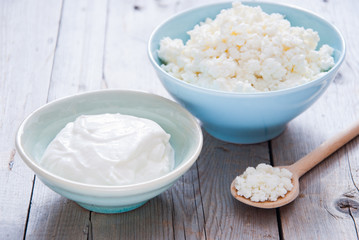 Organic Farming Cottage cheese and Sour cream in a blue bowl
