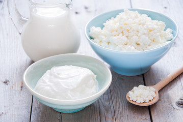 Obraz na płótnie Canvas Organic Farming Cottage cheese, Milk and Sour cream
