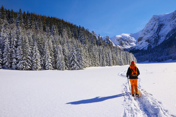 Woman backpacker tourist walking in mountain valley after fresh snowfall, Tatra Mountains, Poland
