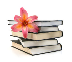 still life with huge bunch of spring lily and black books isolated on white background