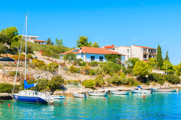 Boats anchoring in beautiful bay with turquoise sea water in Razanj port, Dalmatia, Croatia
