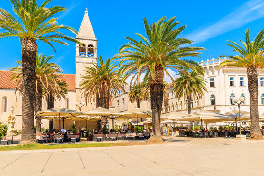 TROGIR TOWN, CROATIA - SEP 6, 2017: historical buildings and church in old town of Trogir on sunny summer day, Dalmatia, Croatia.