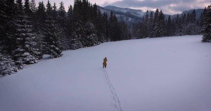 Wędrujący po śniegu w g&oacute;rach samotny człowiek.