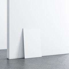 White Canvas Poster Mockup standing on concrete floor in white empty room. 3d rendering