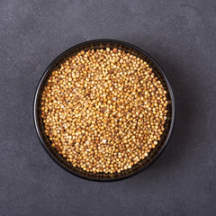 Coriander seeds in a bowl on a grey concrete background