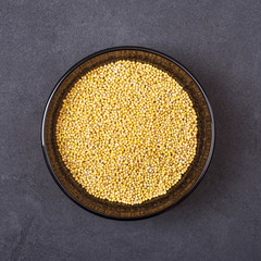 White mustard seeds in a bowl on a grey concrete background