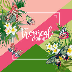 Obraz premium Tropical Flowers Summer Design with Exotic Butterflies. Watercolor Floral Background for Banner, Poster, T-shirt. Vector illustration