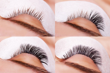 Eyelash Extension Procedure. Comparison of female eyes before and after. - 184088617