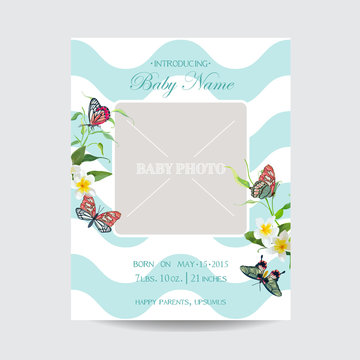 Baby Arrival Floral Card with Butterflies and Flowers. Invitation Template with Baby Photo Frame. Vector illustration