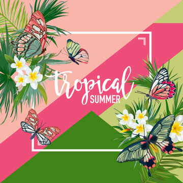 Tropical Flowers Summer Design with Exotic Butterflies. Watercolor Floral Background for Banner, Poster, T-shirt. Vector illustration
