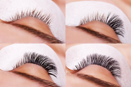 Eyelash Extension Procedure. Comparison of female eyes before and after.