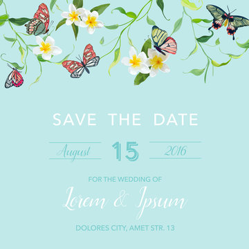 Wedding Invitation Template Tropical Design with Exotic Butterflies and Flowers. Save the Date Floral Card. Vector illustration