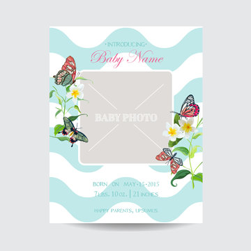 Baby Arrival Floral Card with Butterflies and Flowers. Invitation Template with Baby Photo Frame. Vector illustration