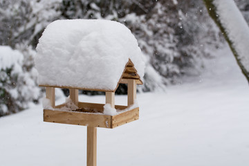 A self made house for feeding the birds with lot of snow on top