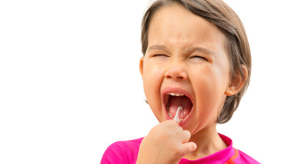 Close up with little girl using toothpick to clean his teeth on white background.