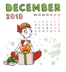 Calendar 2018, december month. Season girl with dog . Vector illustration