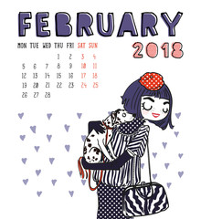Calendar 2018, february month. Season girl with dog . Vector illustration