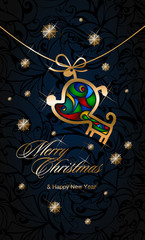 happy new year and merry Christmas with a dog in the form of Golden pendants with brightly colored enamel and snowflakes