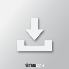 Download icon in white style with shadow isolated on grey background.