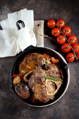 Ossobuko beef with onions, carrots, celery, white wine and thyme.