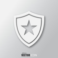 Shield icon in white style with shadow isolated on grey background.