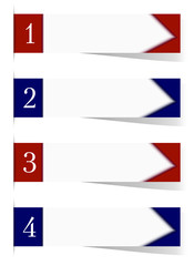 Obraz premium Four sticker labels with shadow and text space. Vibrant red and blue templates for headers, banners, pointers. Business strategy concept. White background, paper sticky tape. Vector EPS10