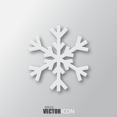 Snowflake icon in white style with shadow isolated on grey background.