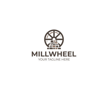 Millwheel Logo Template. Watermill Vector Design. Mill and Water Illustration