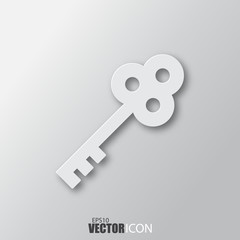 Key icon in white style with shadow isolated on grey background.