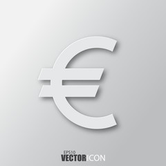 Euro icon in white style with shadow isolated on grey background.
