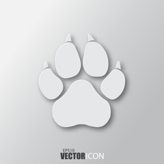 Paw icon in white style with shadow isolated on grey background.