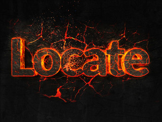 Locate Fire text flame burning hot lava explosion background.