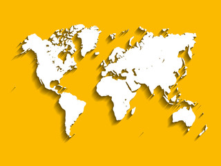 White Vector Map of World. Modern flat design with dropped long shadow isolated on yellow background.