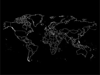 Naklejka premium Mapa świata z granicami kraju, cienki biały kontur na czarnym tle. Szkielet wektora prostej linii wysokiej szczegółów.
