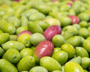 organic raw olives closeup, mediterranean food background